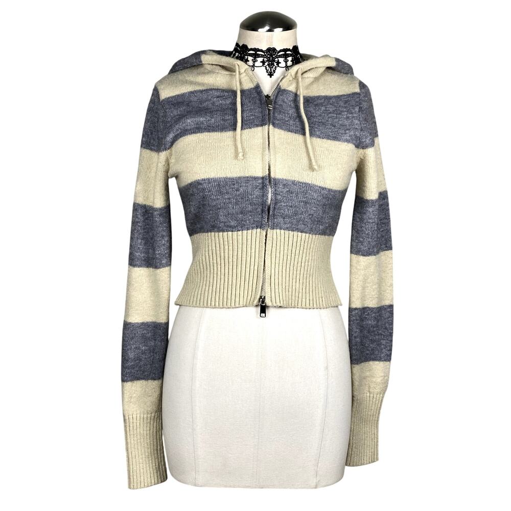 Coco & Shay Cream Gray Cozy Cropped Knit Striped Zip Up Hoodie Grunge Skater S